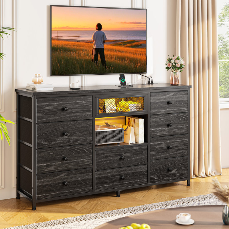 55.12" W Dresser For Bedroom With Mirror & 10 Drawers, Bedroom Dressers With Led Lights & Charging Station, Black