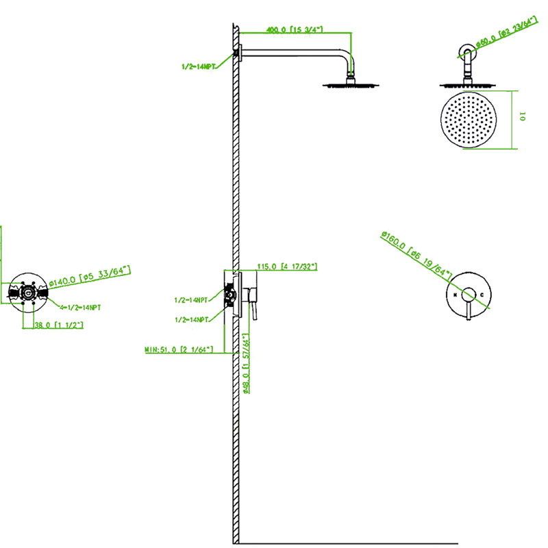 Robinet de douche mural en nickel brossé élégant avec valve