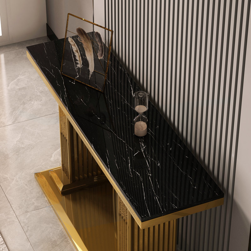 Halonna 59.1'' Marble Top Console Table, Gold, Black Marble