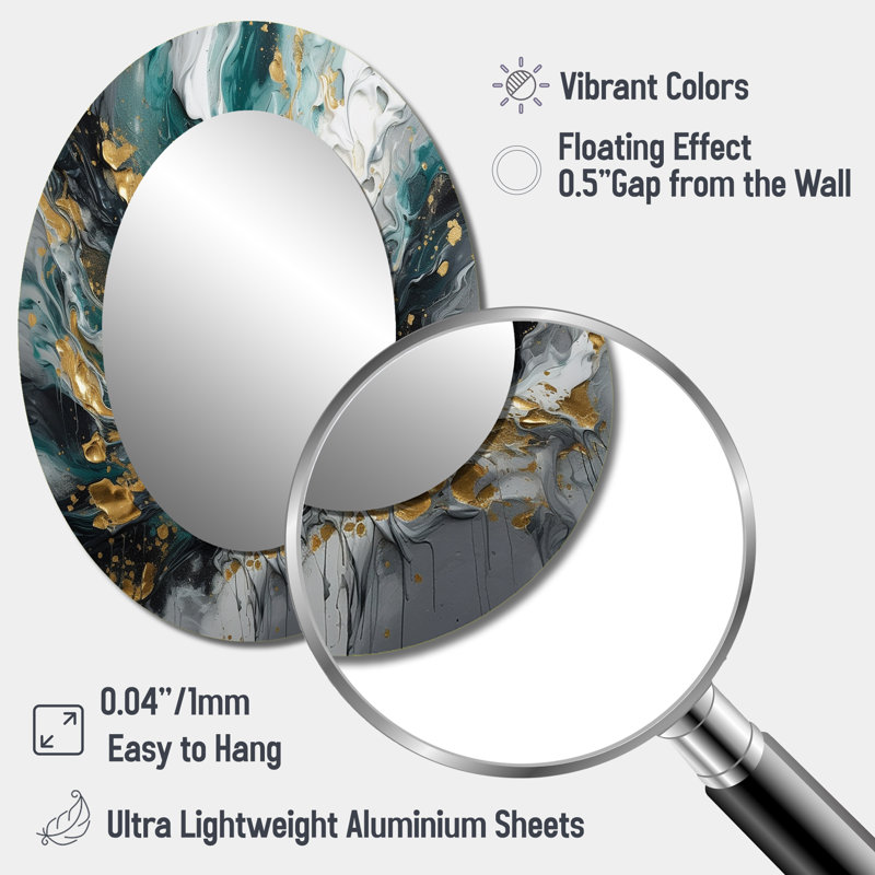 Gold Teal Ink On Stone - Gold Modern Oval Wall Mirror, 40" x 30"