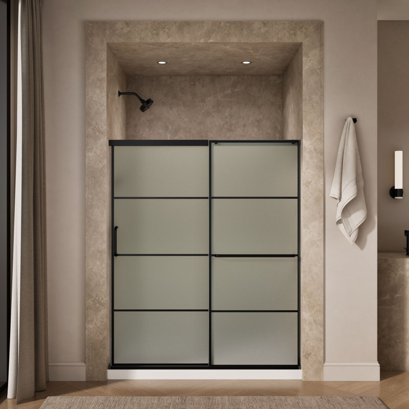 Elate Sliding Shower Door, 70-1/2" H x 56-1/4 - 59-5/8" W, With 1/4" Thick Crystal Clear Glass With Rectangular Grille Pattern