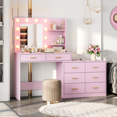 61" Make up Vanity Desk with Mirror and Lights, Pink Vanity with 8 Wide Storage Drawers & 2 Tier Shelves, 3 Lighting Modes with Adjustable Brightness for Bedroom