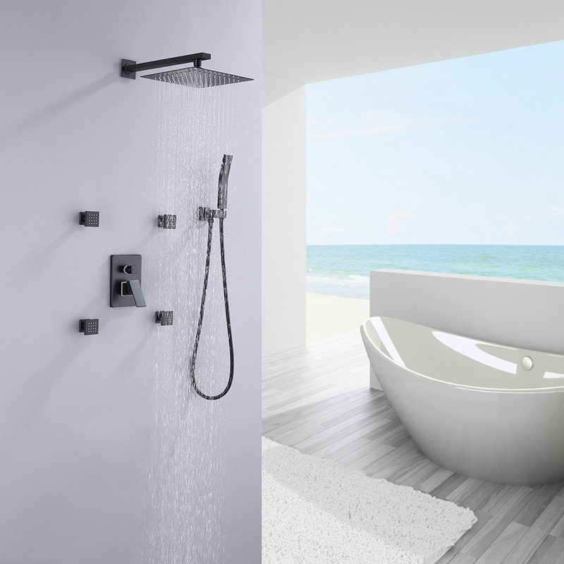 10" Brass Rainfall Square Shower System with 4 Sprayer Jets and Embedded-Box Valve, Matte Black