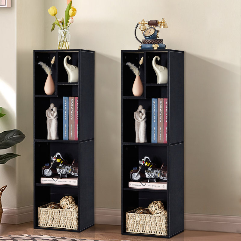Tatianina 4-Tier Bookcase, Modern Storage Cabinet with Height Difference Shelves for Standard Textbooks, 5 Cubes, Vertical or Horizontal, Easy Assembly (Set of 2)