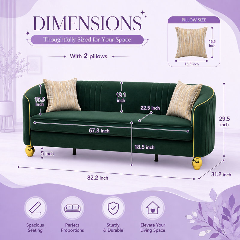 Canapé 3 places Gatton 82" en velours moderne, dossier capitonné à canaux verticaux, pieds en métal doré, housse d'assise amovible, mousse haute densité et ressorts ensachés, supportant jusqu'à 340 kg.