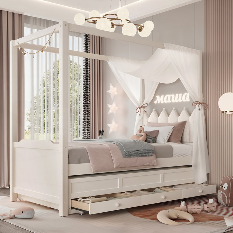 Cadre de lit à baldaquin princesse avec tête de lit tapissier, Beige, Lit simple