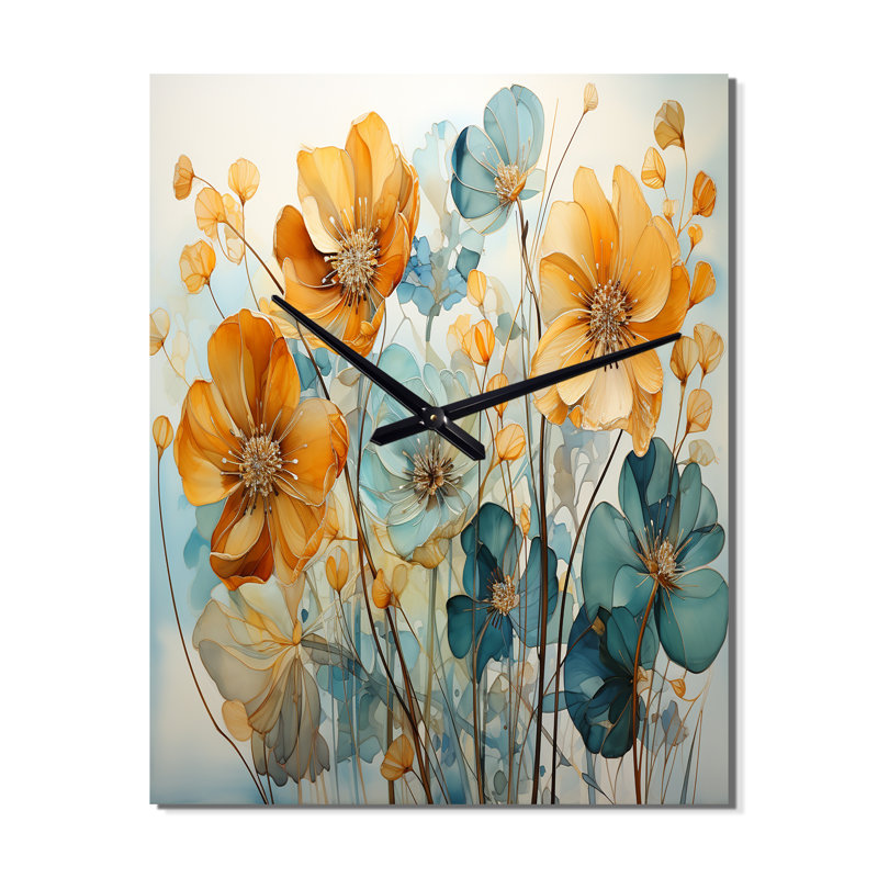 Teal Orange Botanical Fragments I - Horloges murales Abstract Botanicals, Très grand