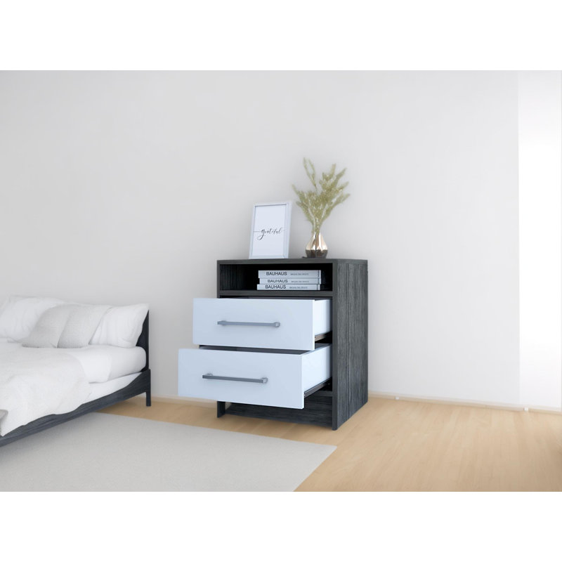 Eter Compact Nightstand with Two Drawers and One Shelf, Minimalist Bedroom Bedside Storage, Black/White
