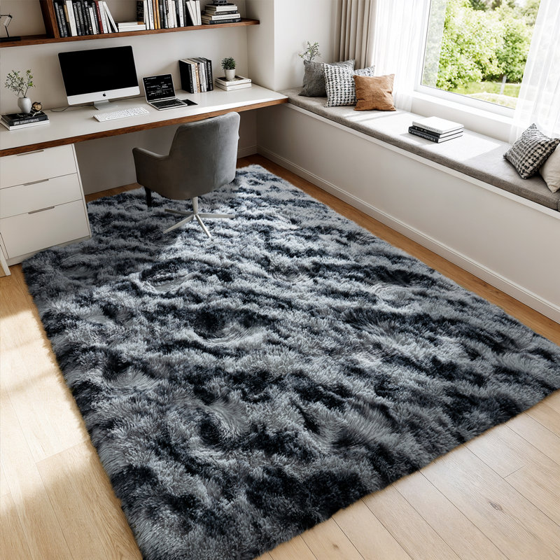 6x9 ft Tie-dyed Black and Grey Shag Rug, Ideal for living room decor, Ultra-Soft Puffy Fluffy Rug for Bedroom Flooring, Aesthetic Carpets Suitable for Kids' Rooms, Dorms, and Home Decor