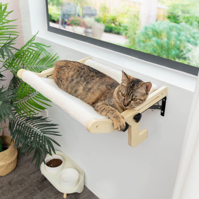 Small White Cashmere Rectangular Cat Hammock with Wooden Frame