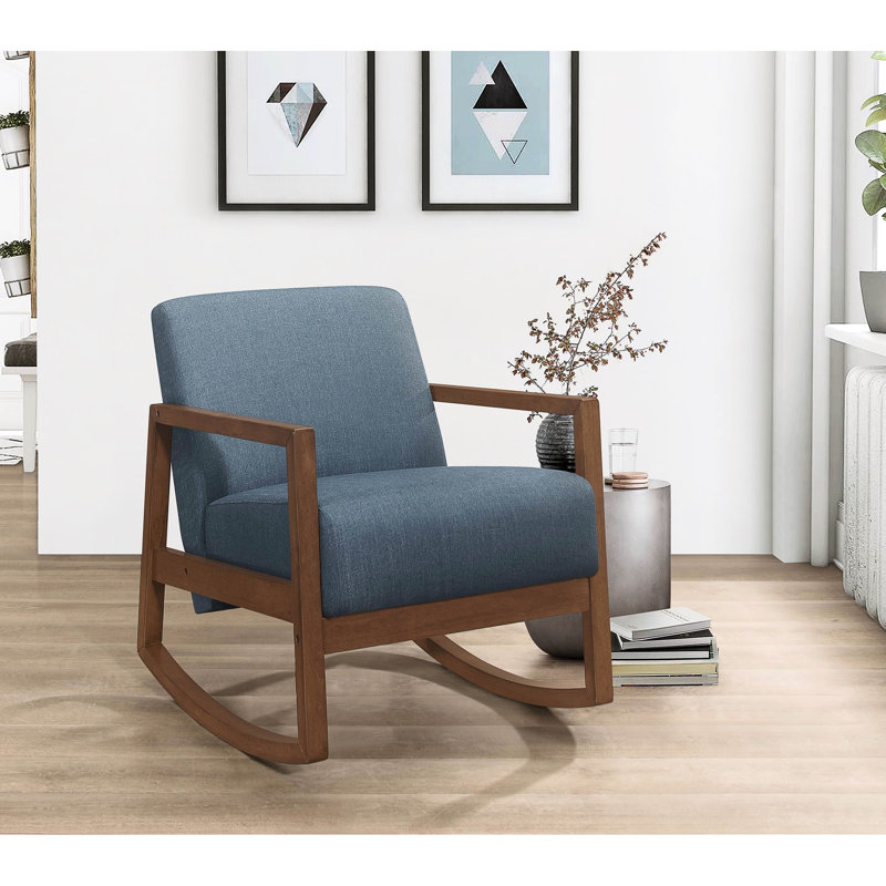 Fauteuil d'appoint à bascule confortable en bleu, coussin, revêtement doux, structure en bois franc pour fauteuil de salon moderne bleu, structure, détente et confort