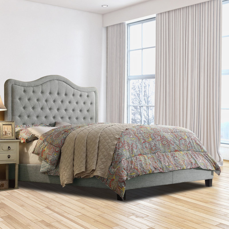 Structure de lit rembourrée en tissu avec tête de lit réglable, support à lattes de bois, lit plateforme capitonné, Gris