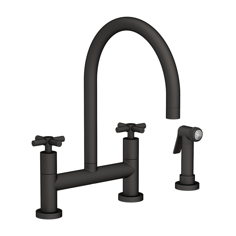 East Linear Kitchen Bridge Faucet with Side Spray, Flat Black, Cross Handle
