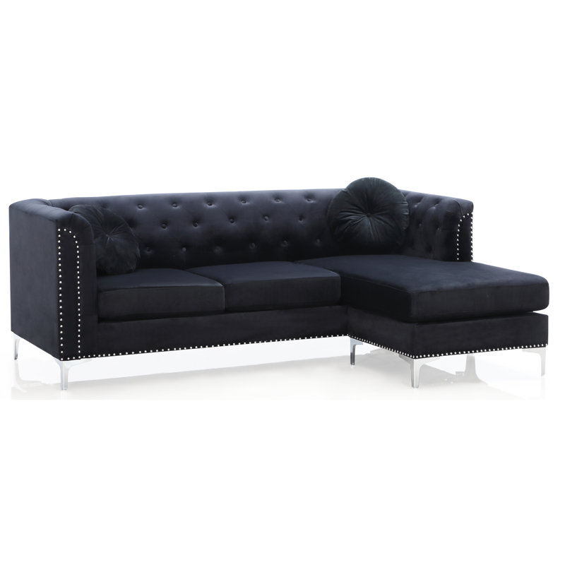 Emmerich Velvet L-Shaped Sectional Reversible, Black
