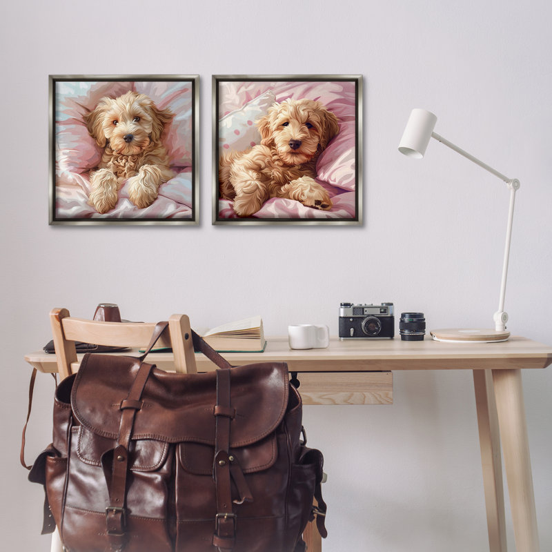  «Cuddling Labradoodle in Bed», ensemble de 2 toiles flottantes encadrées par Jim Baldwin, H 18 po x l 18 po