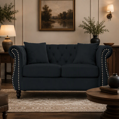 58.8" Chesterfield Sofa Black Velvet for Living Room, 2 Seater Sofa Tufted Couch with Rolled Arms and Nailhead for Living Room, Bedroom, Office, Apartment, two pillows