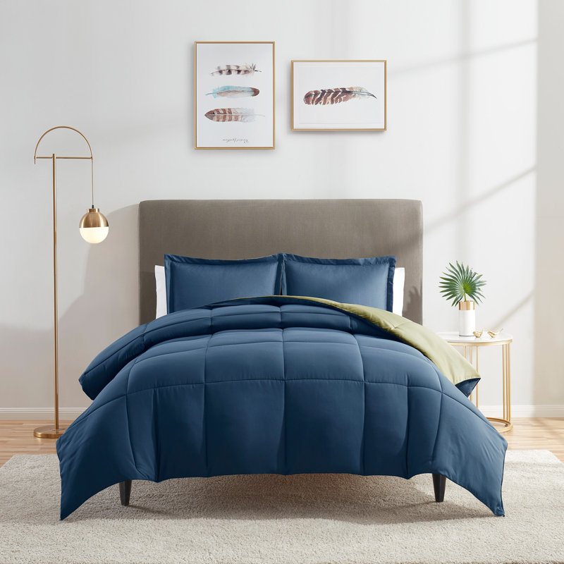 All Season Down Alternative Reversible Comforter Set, King Comforter + 2 King Shams, Navy/Sage Green