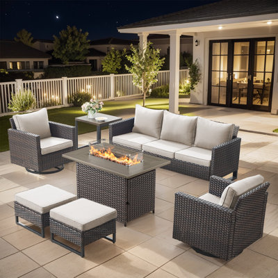 Ensemble de canapé d'extérieur 7 pièces Gymojoy, ensemble de mobilier de patio en osier avec table de foyer, osier en polyéthylène