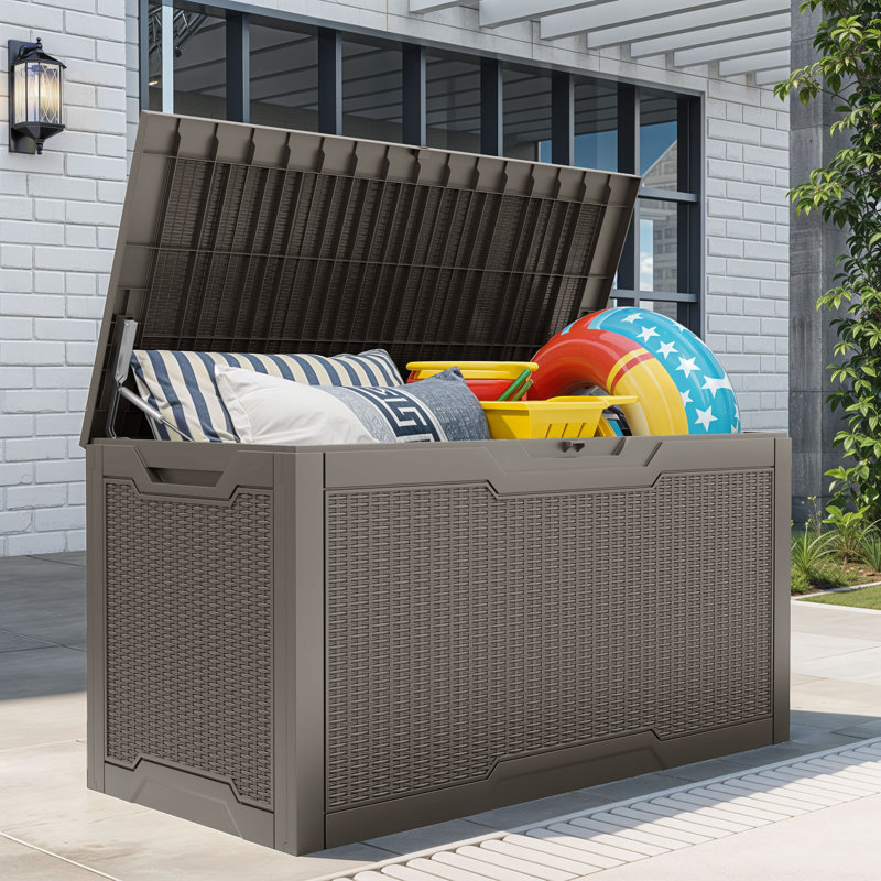 100 Gallon Outdoor Storage Deck Box Large Resin Patio Bench Lockable Container, Light Brown