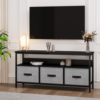 Meuble télé avec 3 tiroirs en tissu, meuble télé pour téléviseur de 55 po, meuble télé avec rangement pour salon moderne, centre de divertissement avec espace ouvert, idéal pour le salon, la chambre à coucher, la salle à manger