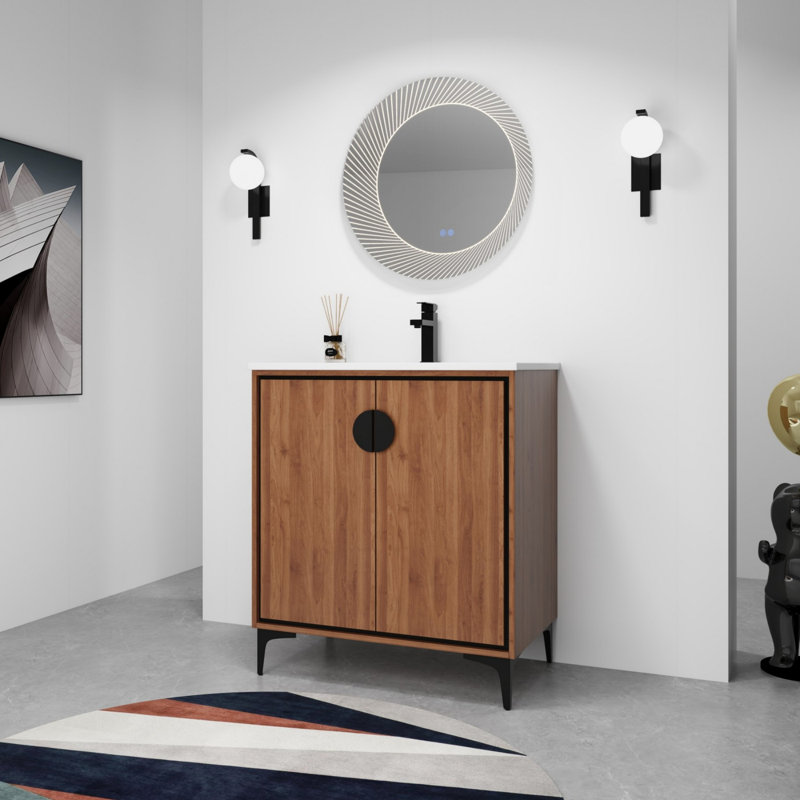 Armoire de salle de bain sur pied en bois d'ingénierie avec lavabo
