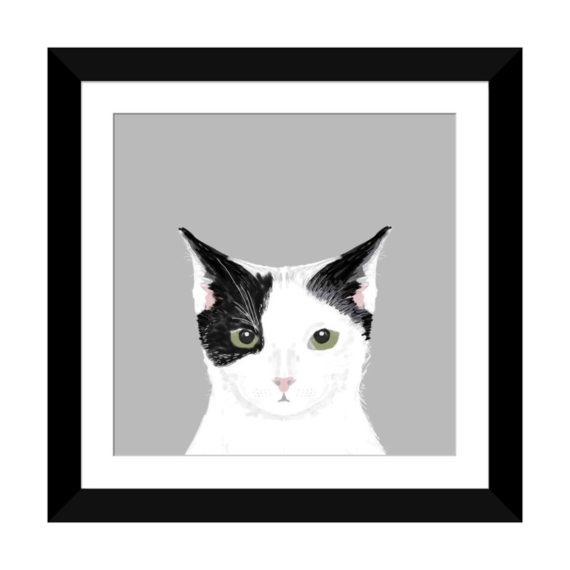 Chat, impression sur toile tendue, H 16 po x l 16 po x P 1 po, Papier d'art encadré noir, Blanc