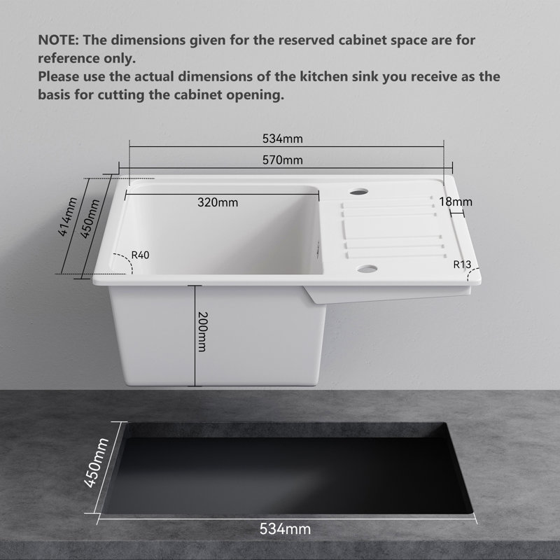 Belfry Kitchen Tabris 450mm W Single Bowl Quartz Stone Kitchen Sink with 1 Faucet Hole