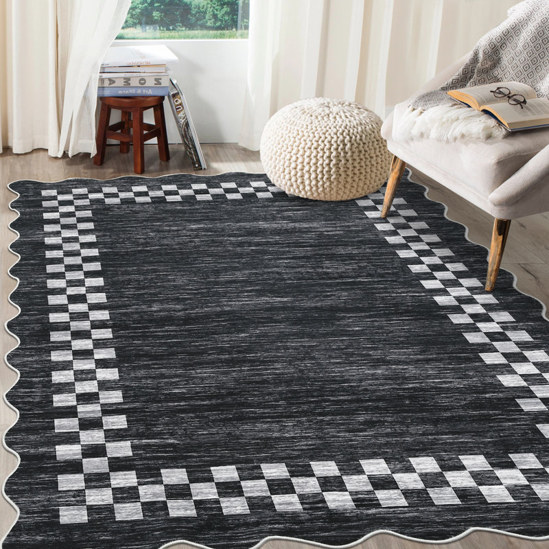 Scalloped Area Rugs Modern Bordered Accent Carpet,Non-Slip Floor Cover,Stain-Resistant Indoor Mat for Bedroom,Kitchen,Living Room