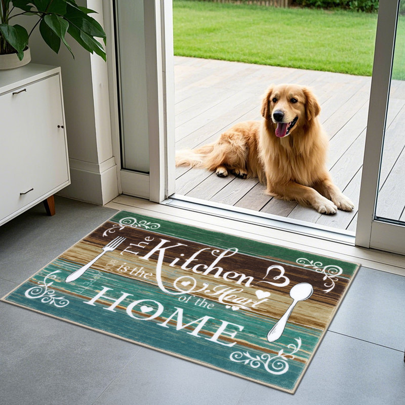 Machine Washable Non-Slip Kitchen Mat, Green/Brown/White