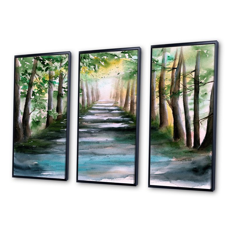 «A Sunlit Forest Alley with Tree Shadows», reproduction sur toile flottante 3 pièces, Cadre noir, H 28 po x l 36 po x P 1 po