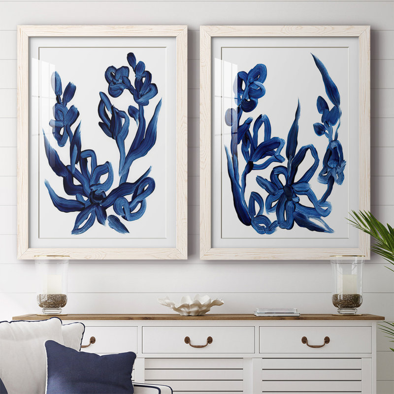 " Indigo Brush Blooms I " 2 - Pieces, White, 27.5" H x 75" W x 1.5" D