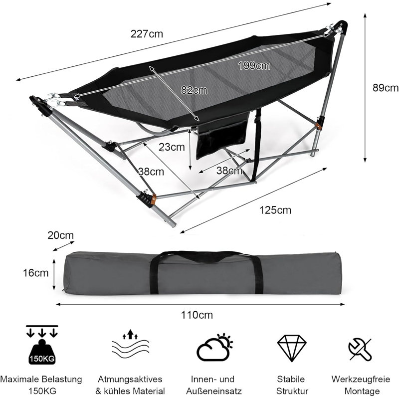 Briceton Double Camping Hammock with Stand, Black