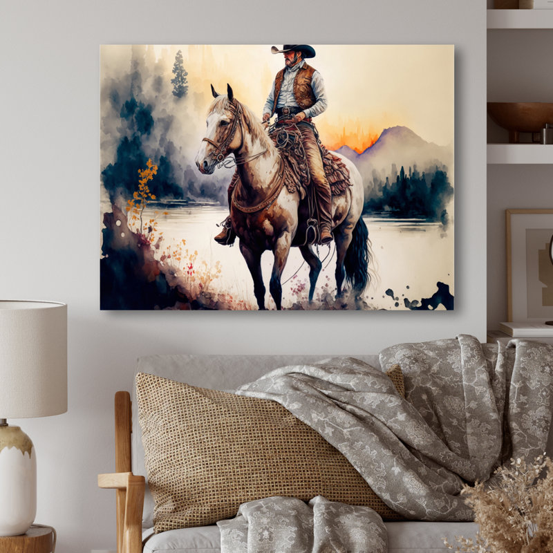 Western Cowboy Riding a Horse II - peinture sur toile, H 16 po x l 32 po x P 1 po, Toile tendue