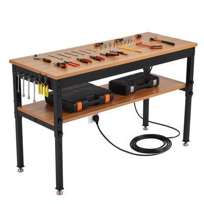 Heavy-Duty Adjustable Office Computer Desk with Storage Shelf and Power Outlet – 60 x 24 in Workbench, 2500 lbs Capacity, Two Tiers, Black & Natural Wood, No Wheels