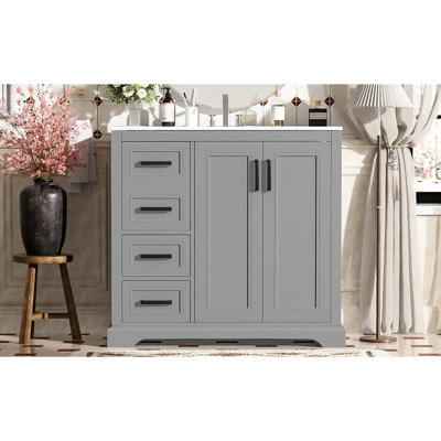 Meuble-lavabo moderne gris de 36 pouces avec lavabo en céramique, charnières à fermeture en douceur, tablette réglable, 3 tiroirs, espace de rangement spacieux, poignées en alliage de zinc, avec finition, portes, matériaux, fonctionnement silencieux