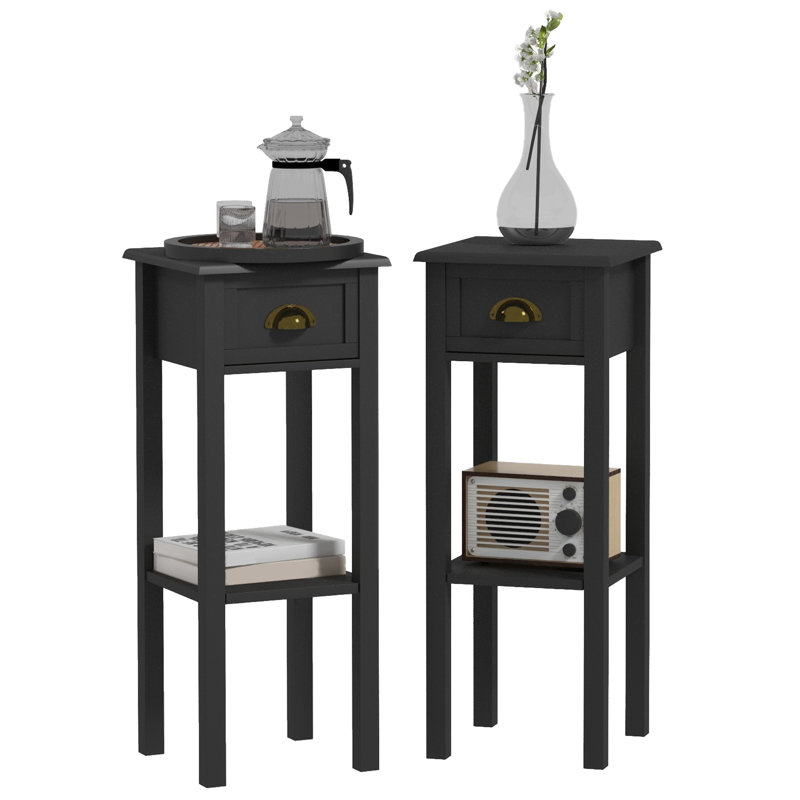 2-Tier Side Tables Set of 2 with Drawer Shelf for Living Room, Gray, Black