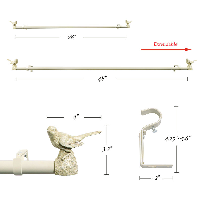 Country White Adjustable Metal Curtain Rod with Bird Finials