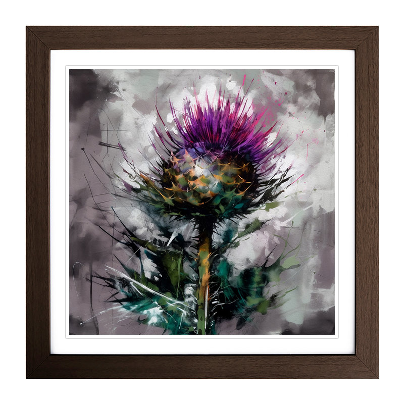 Thistle Gestural Art No.2 - Single Picture Frame Print on Wood, Walnut