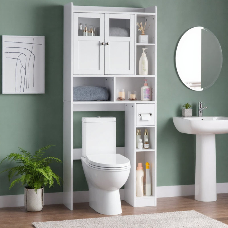 Unité de salle de bain blanche au-dessus de la toilette avec structure à double porte et quatre tablettes de rangement réglables