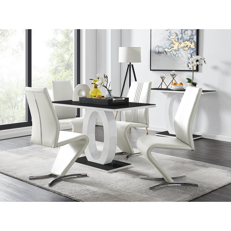 Scottsmoor Modern High Gloss Halo 4 Seater Dining Table Set with Luxury Faux Leather Dining Chairs, White