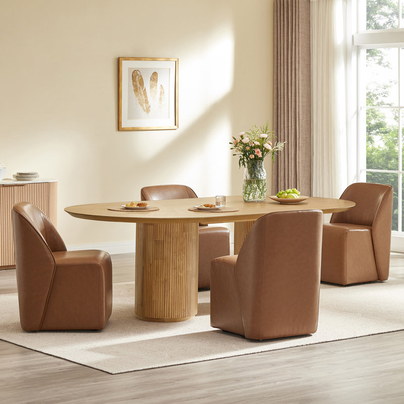 Fully Upholstered Dining Chair with Casters, Saddle Brown
