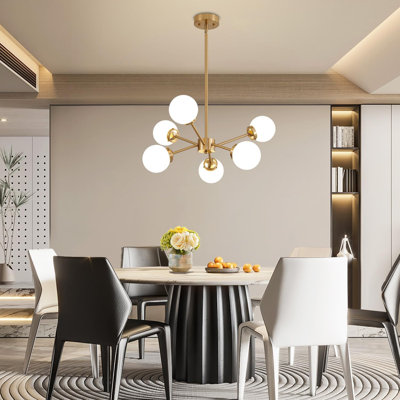 Lustre moderne de style Mid-Century avec abat-jour en verre laiteux, luminaire de plafond réglable en laiton pour le salon, la salle à manger, la cuisine, le couloir