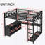 Lit mezzanine en métal avec garde-robe, bureau en L et rangement en métal, parfait pour une utilisation compacte et multifonctionnelle