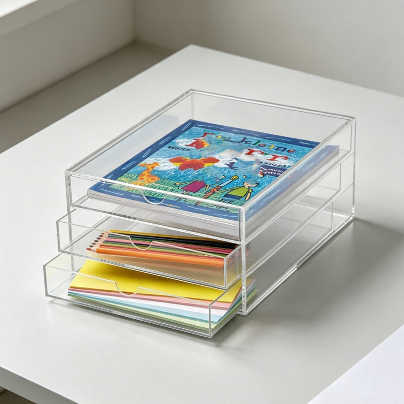 A4 Acrylic Drawer Box, Desk Organiser with 3 Compartments
