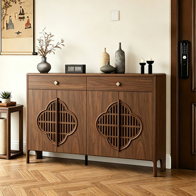 55.12"Brown Oriental Slatted Solid Wood Shoe Cabinet