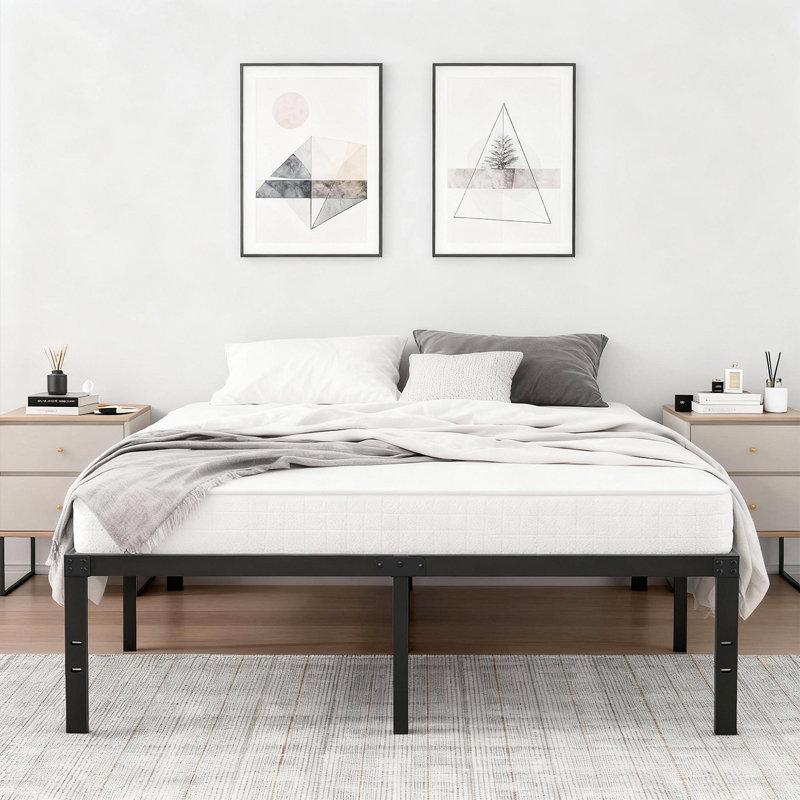  Turberville 16'' Black Metal Platform Bed Frame With 11-leg-support, No Box Spring Needed, Full Size, Full, 16"