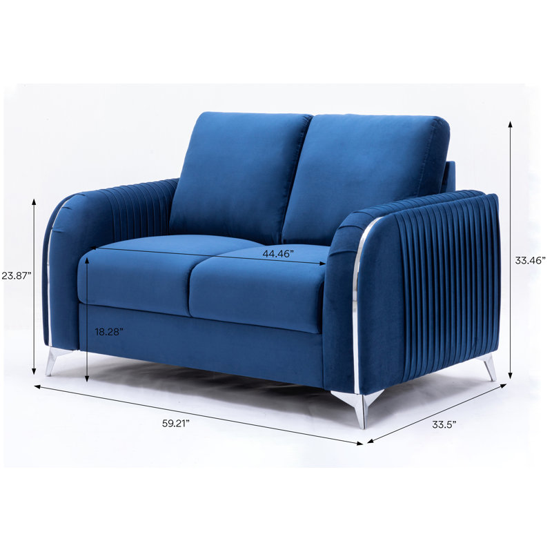 Causeuse serrée à assise et coussin de dossier en velours bleu