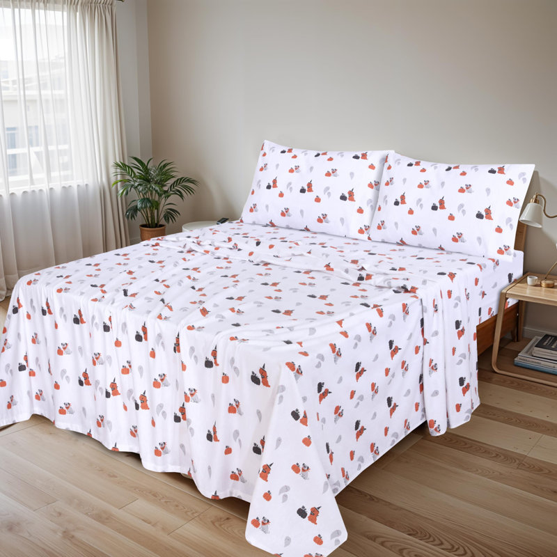 100% Cotton Flannel Sheet Set 4 Piece Warm Cozy Fall Sheets 16 inch Deep Pocket Bed Sheets, Halloween Pumpkin Floral