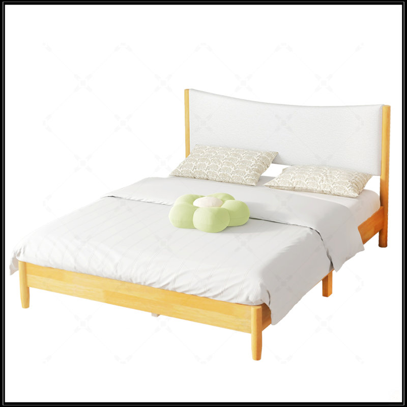 Grand lit en bois d'hévéa massif avec tête de lit tapissier Boucle, rehaussé de pieds de soutien, blanc hêtre