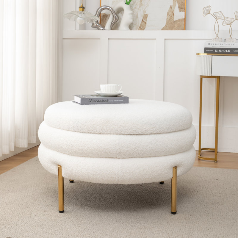 Repose-pieds rond avec rangement Lytham, Mélange de polyester blanc
